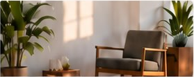 A calm, sunlit room with a chair and plants